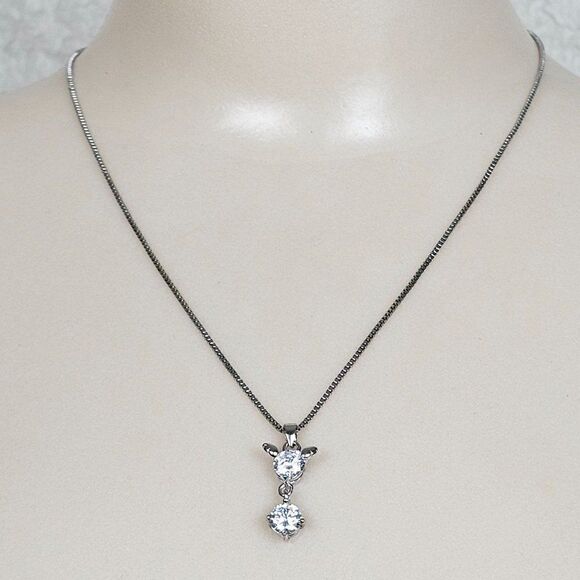 Vintage Jewelry - S 925 Sterling Silver Cubic Zirconia Drop Pendant Box Chain Necklace Cat Mouse